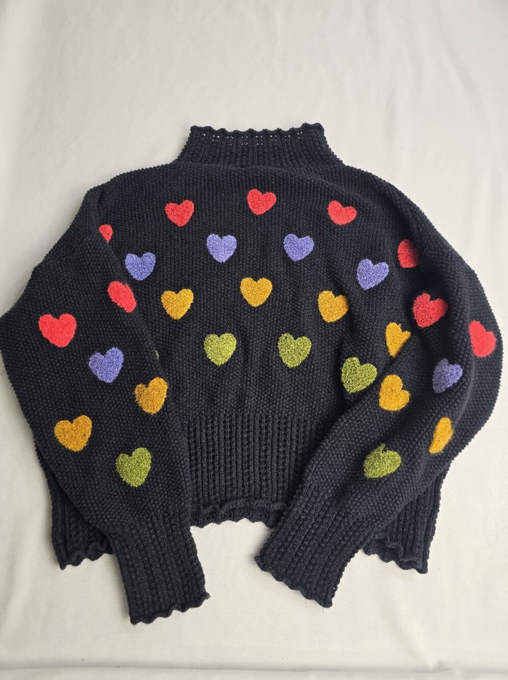 Anthropologie Black Multicolor Heart Sweater Mock Neck Chunky Knit Hearts - Picture 2 of 6